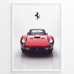 Indlæs billede til gallerivisning Framed minimalist poster of a red Ferrari 250 GTO classic car front view with black Ferrari logo above.
