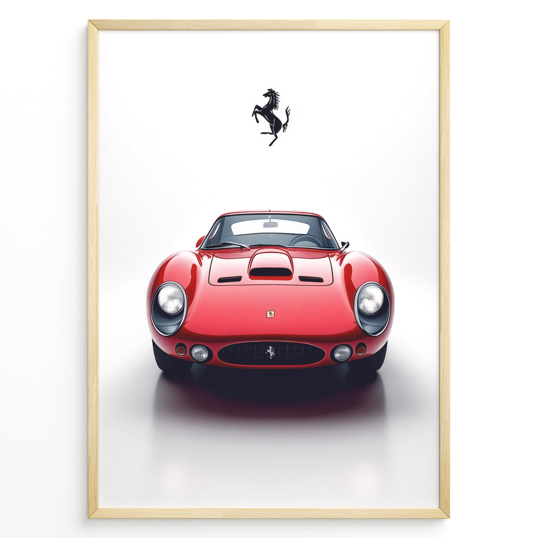 Framed minimalist poster of a red Ferrari 250 GTO classic car front view with black Ferrari logo above.