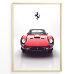 Indlæs billede til gallerivisning Framed minimalist poster of a red Ferrari 250 GTO classic car front view with black Ferrari logo above.
