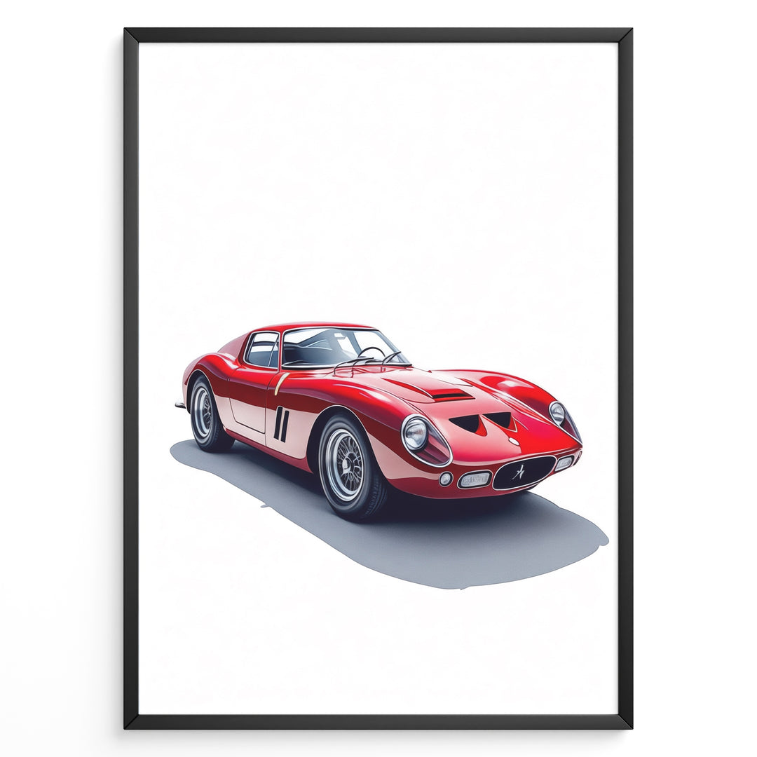 Framed minimalist poster of a red Ferrari 250 GTO classic sports car angled from the front left on a white background.