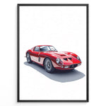Indlæs billede til gallerivisning Framed minimalist poster of a red Ferrari 250 GTO classic sports car angled from the front left on a white background.
