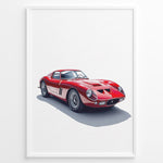 Indlæs billede til gallerivisning Framed minimalist poster of a red Ferrari 250 GTO classic sports car angled from the front left on a white background.
