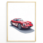 Indlæs billede til gallerivisning Framed minimalist poster of a red Ferrari 250 GTO classic sports car angled from the front left on a white background.
