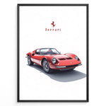 Indlæs billede til gallerivisning Framed minimalist poster of a red Ferrari Dino 246 GT classic sports car with Ferrari logo above on a white background.
