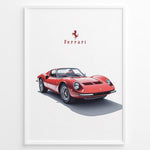 Indlæs billede til gallerivisning Framed minimalist poster of a red Ferrari Dino 246 GT classic sports car with Ferrari logo above on a white background.
