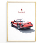 Indlæs billede til gallerivisning Framed minimalist poster of a red Ferrari Dino 246 GT classic sports car with Ferrari logo above on a white background.

