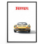 Indlæs billede til gallerivisning Framed minimalist poster of a yellow Ferrari Dino 246 GTS classic car front view with red Ferrari logo above on a white background.
