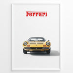 Indlæs billede til gallerivisning Framed minimalist poster of a yellow Ferrari Dino 246 GTS classic car front view with red Ferrari logo above on a white background.
