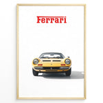 Indlæs billede til gallerivisning Framed minimalist poster of a yellow Ferrari Dino 246 GTS classic car front view with red Ferrari logo above on a white background.
