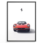 Indlæs billede til gallerivisning Framed minimalist poster of a red Ferrari Dino 246 GT classic sports car front view with black Ferrari prancing horse logo above.
