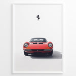 Indlæs billede til gallerivisning Framed minimalist poster of a red Ferrari Dino 246 GT classic sports car front view with black Ferrari prancing horse logo above.
