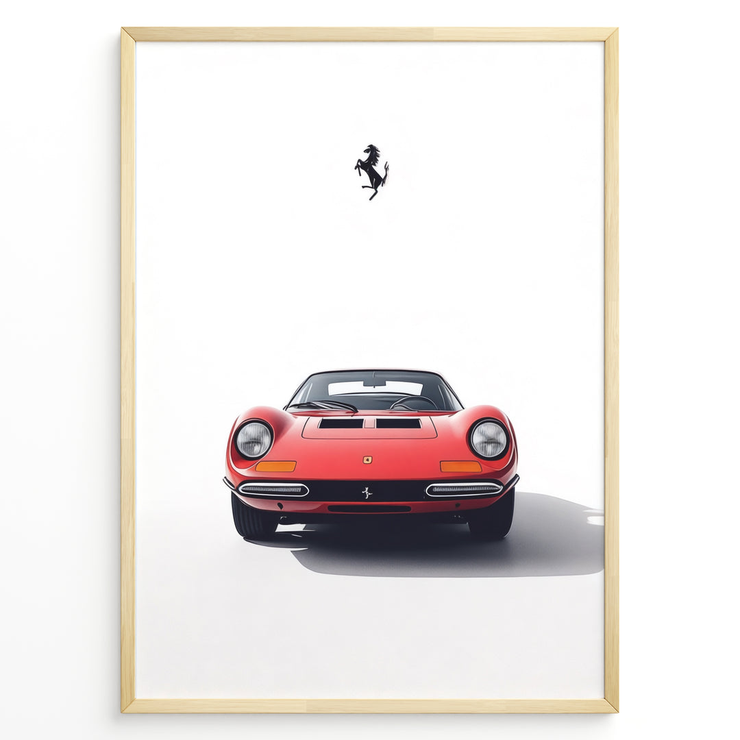 Framed minimalist poster of a red Ferrari Dino 246 GT classic sports car front view with black Ferrari prancing horse logo above.