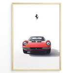 Indlæs billede til gallerivisning Framed minimalist poster of a red Ferrari Dino 246 GT classic sports car front view with black Ferrari prancing horse logo above.
