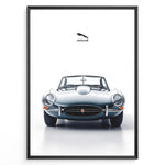 Indlæs billede til gallerivisning Framed minimalist poster of a silver Jaguar E-Type convertible classic car front view with Jaguar logo above on a white background.
