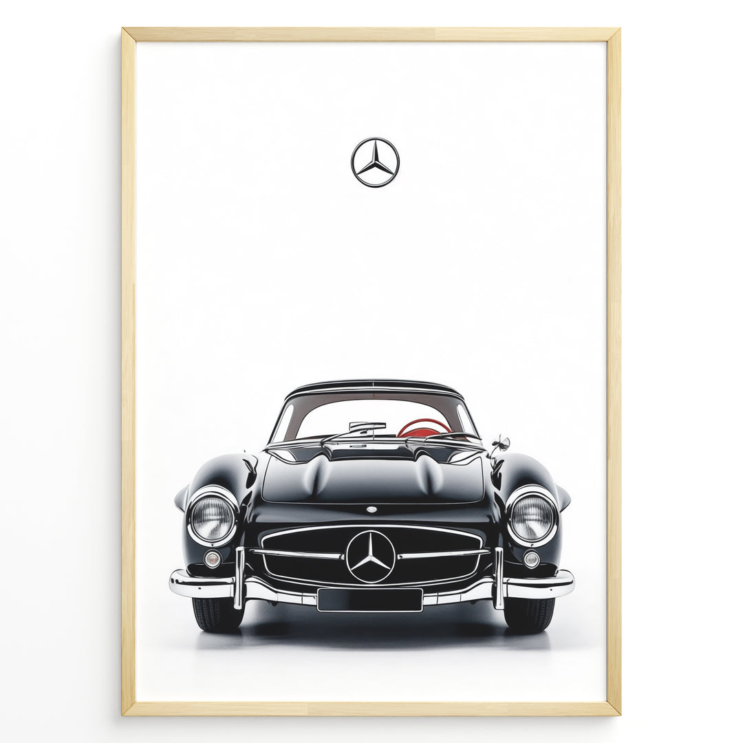 Framed minimalist poster of a black Mercedes-Benz 300SL classic convertible car front view with Mercedes logo above on a white background.