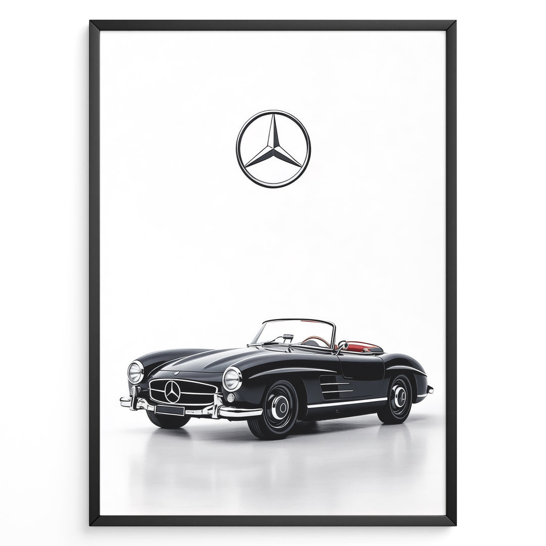 Framed minimalist poster featuring a black Mercedes-Benz 300SL Roadster convertible with red seats and Mercedes logo above on white background.