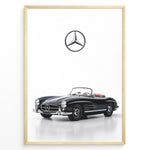 Indlæs billede til gallerivisning Framed minimalist poster featuring a black Mercedes-Benz 300SL Roadster convertible with red seats and Mercedes logo above on white background.
