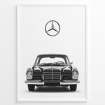 Indlæs billede til gallerivisning Framed minimalist poster of a black Mercedes-Benz classic coupe front view with large Mercedes logo above on a clean white background.
