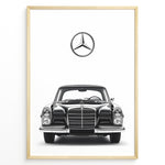 Indlæs billede til gallerivisning Framed minimalist poster of a black Mercedes-Benz classic coupe front view with large Mercedes logo above on a clean white background.
