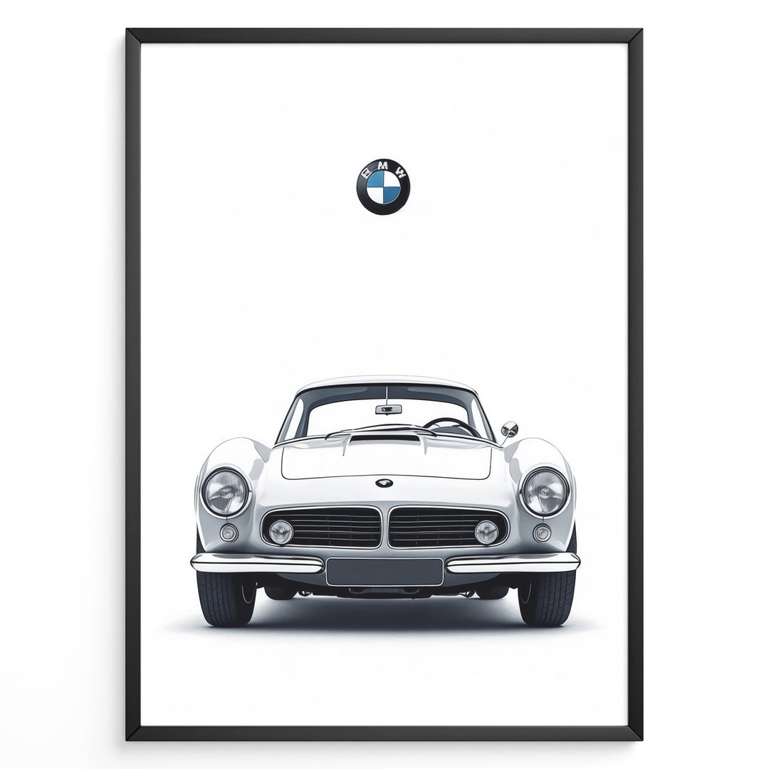 Framed minimalist poster of a white BMW 507 classic coupe front view with BMW logo above on a white background.