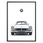 Indlæs billede til gallerivisning Framed minimalist poster of a white BMW 507 classic coupe front view with BMW logo above on a white background.
