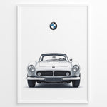 Indlæs billede til gallerivisning Framed minimalist poster of a white BMW 507 classic coupe front view with BMW logo above on a white background.
