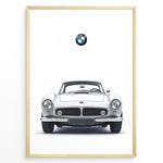 Indlæs billede til gallerivisning Framed minimalist poster of a white BMW 507 classic coupe front view with BMW logo above on a white background.
