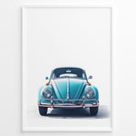 Indlæs billede til gallerivisning Framed minimalist poster of a blue Volkswagen Beetle front view on a white background.
