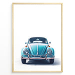 Indlæs billede til gallerivisning Framed minimalist poster of a blue Volkswagen Beetle front view on a white background.
