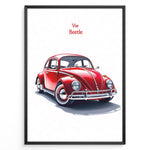 Indlæs billede til gallerivisning Framed minimalist poster of a red Volkswagen Beetle side-front view with “VW Beetle” text above on a white background.
