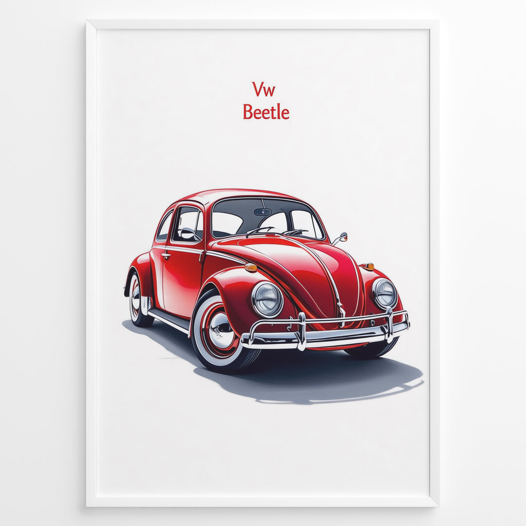 Framed minimalist poster of a red Volkswagen Beetle side-front view with “VW Beetle” text above on a white background.