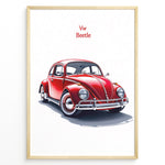 Indlæs billede til gallerivisning Framed minimalist poster of a red Volkswagen Beetle side-front view with “VW Beetle” text above on a white background.
