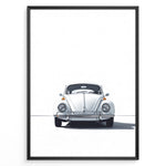 Indlæs billede til gallerivisning Minimalist framed poster of a white Volkswagen Beetle front view on a clean white background.
