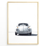 Indlæs billede til gallerivisning Minimalist framed poster of a white Volkswagen Beetle front view on a clean white background.
