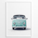 Indlæs billede til gallerivisning Front view illustration of a vintage aqua Volkswagen T1 Bus on a white background.

