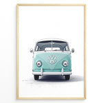 Indlæs billede til gallerivisning Front view illustration of a vintage aqua Volkswagen T1 Bus on a white background.
