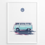Indlæs billede til gallerivisning Illustration of a teal vintage Volkswagen camper van side view on a minimal white background.
