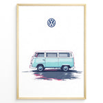Indlæs billede til gallerivisning Illustration of a teal vintage Volkswagen camper van side view on a minimal white background.
