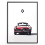 Indlæs billede til gallerivisning Front view illustration of a classic red Alfa Romeo vintage car with logo on a white background.
