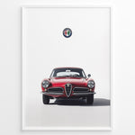 Indlæs billede til gallerivisning Front view illustration of a classic red Alfa Romeo vintage car with logo on a white background.
