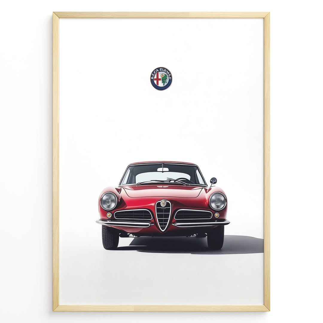 Front view illustration of a classic red Alfa Romeo vintage car with logo on a white background.