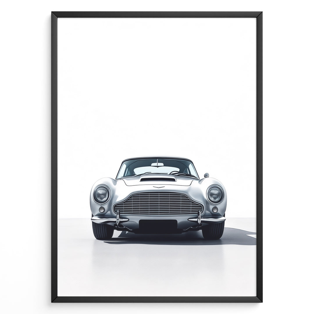 Front view illustration of a classic silver Aston Martin DB5 on a minimal white background.