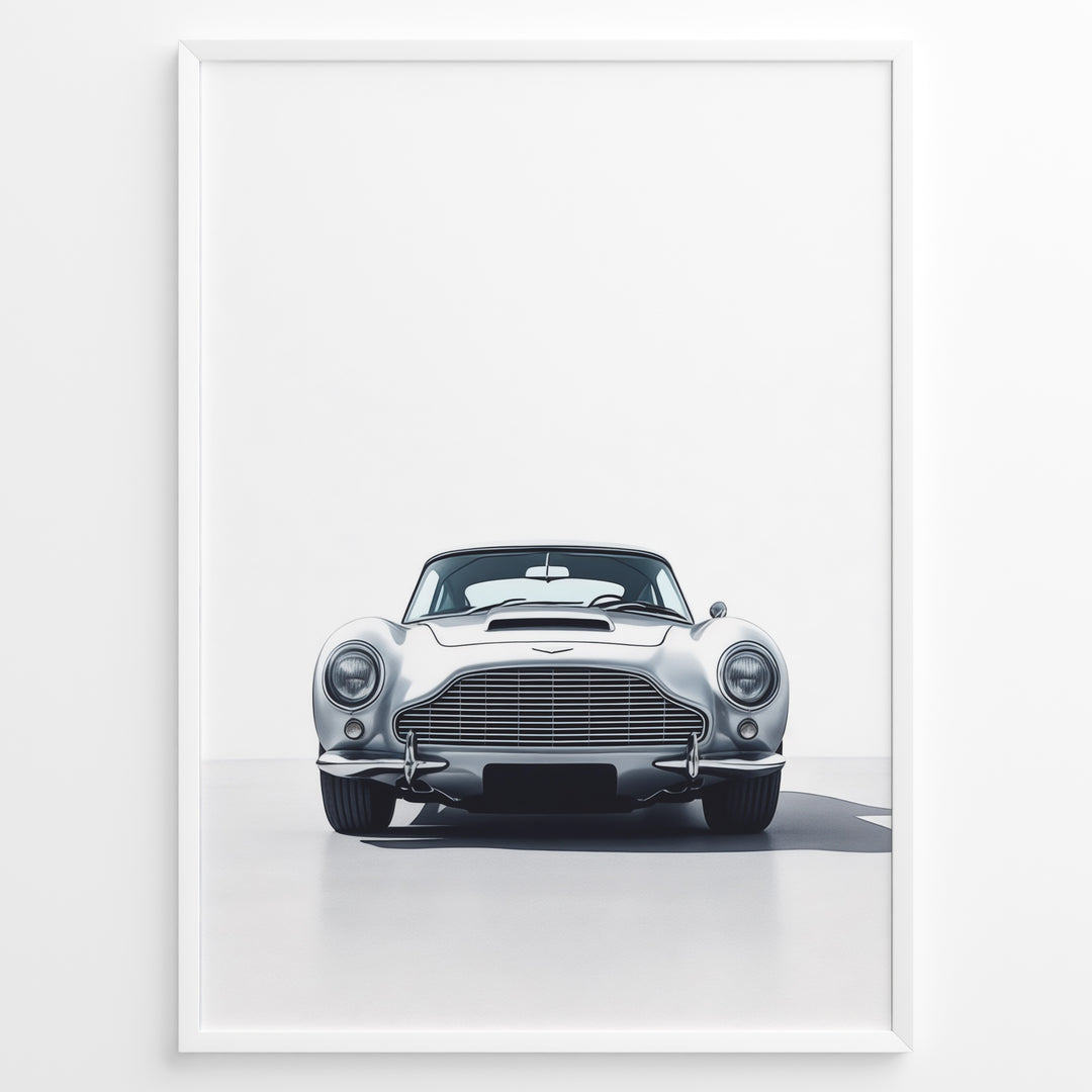 Front view illustration of a classic silver Aston Martin DB5 on a minimal white background.
