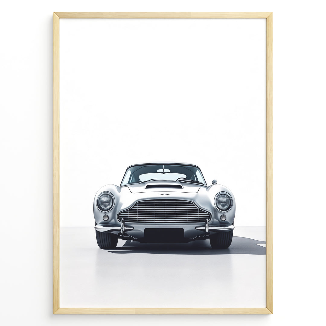 Front view illustration of a classic silver Aston Martin DB5 on a minimal white background.