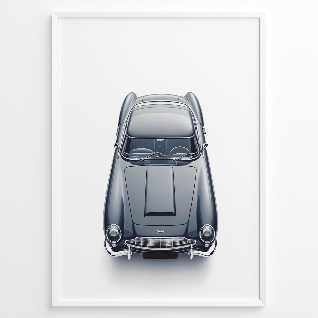 Top-view illustration of a classic Aston Martin DB5 in a minimalist poster design.