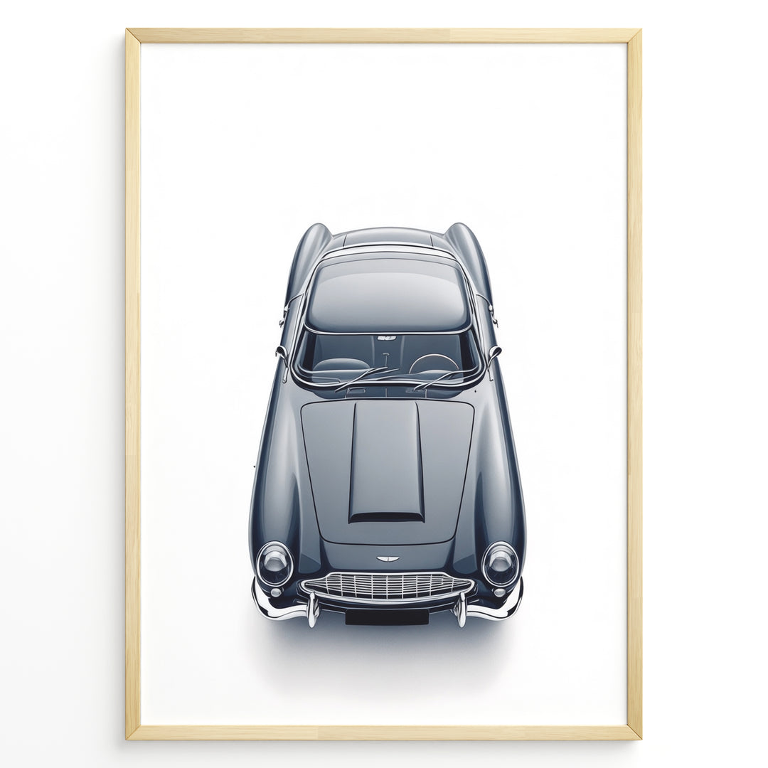 Top-view illustration of a classic Aston Martin DB5 in a minimalist poster design.