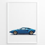 Indlæs billede til gallerivisning Illustration of a classic blue Lamborghini shown in a clean side-view on a white background.
