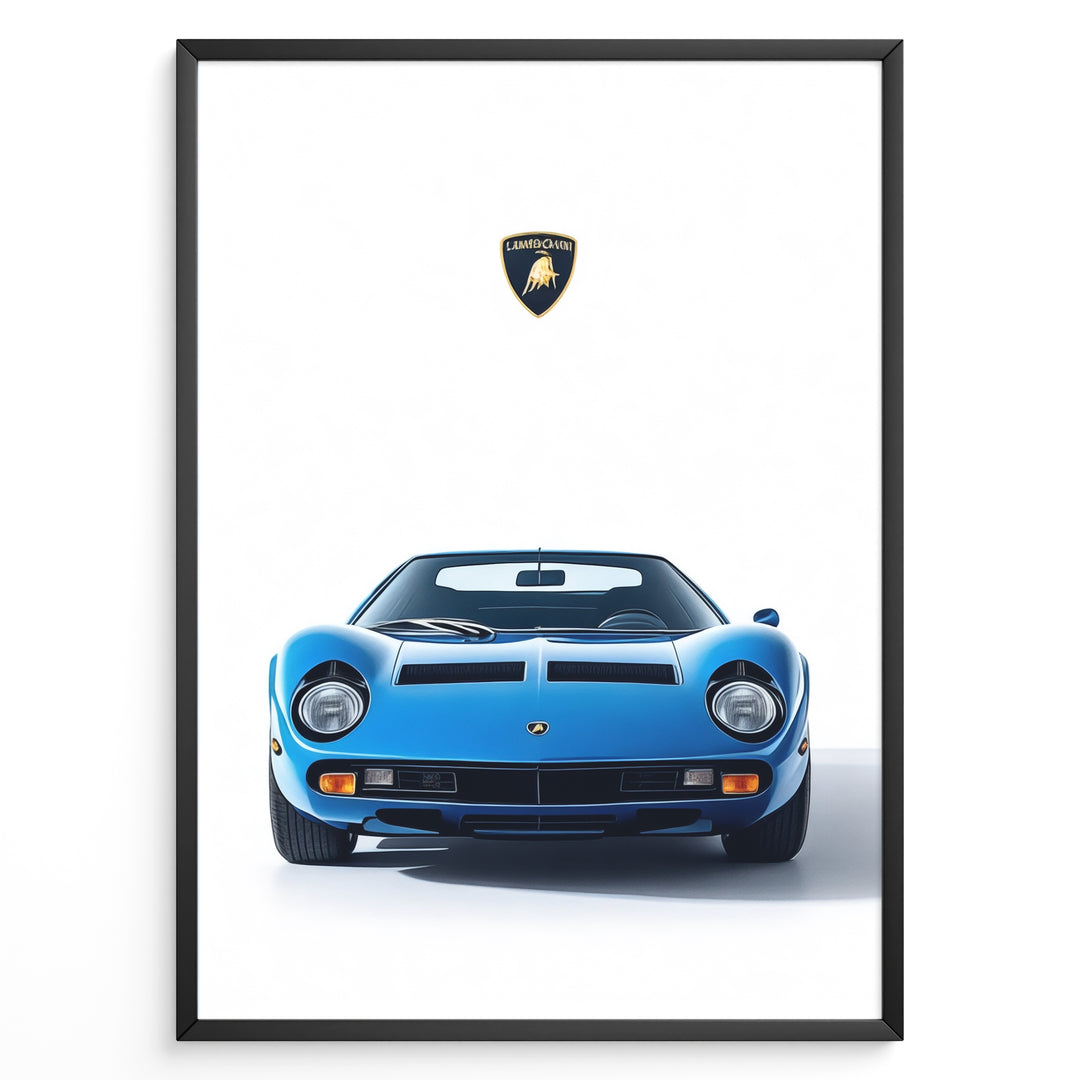 Blue Lamborghini Miura classic supercar front view poster illustration.