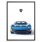 Indlæs billede til gallerivisning Blue Lamborghini Miura classic supercar front view poster illustration.
