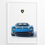 Indlæs billede til gallerivisning Blue Lamborghini Miura classic supercar front view poster illustration.

